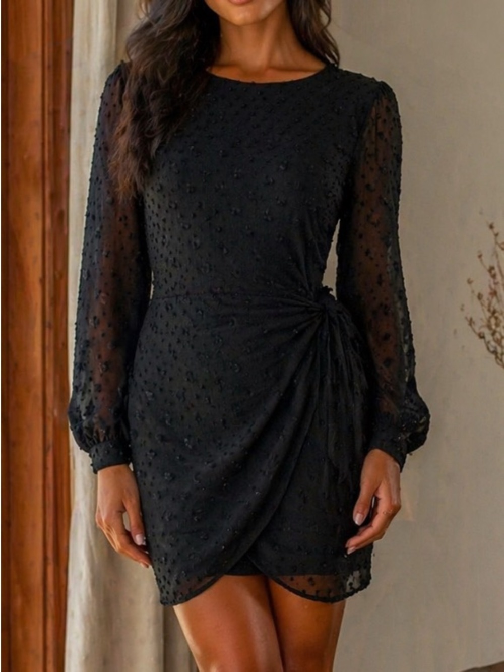 Lulu's Black Swiss Dot Long Sleeve Wrap Dress